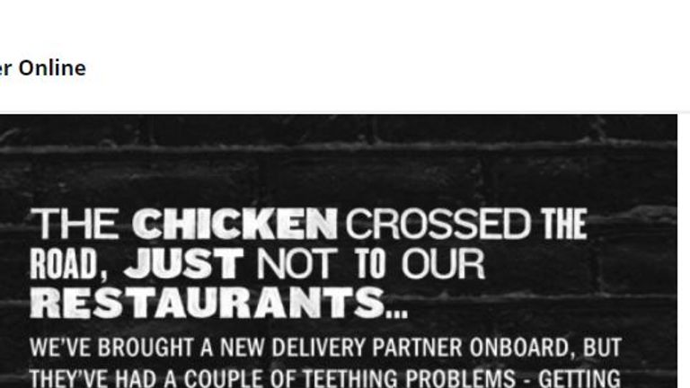 KFC chicken shortage website message 19/2/18
