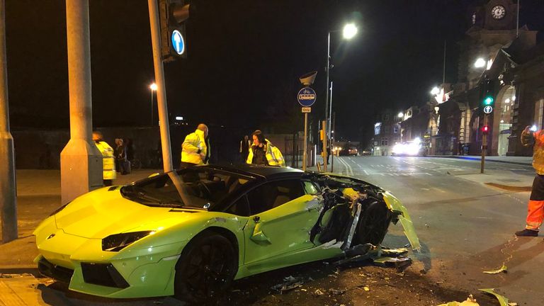 The Lambourghini Aventador crashed in central Nottingham. Pic: BTPNotts