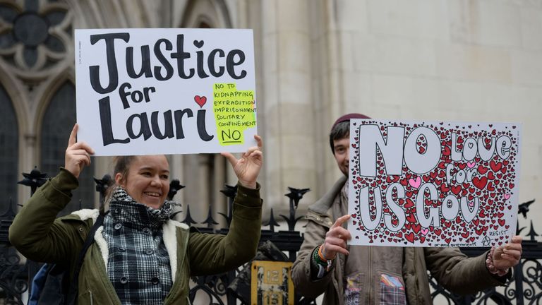 Supporters for alleged computer hacker Lauri Love outside the Royal Courts of Justice 