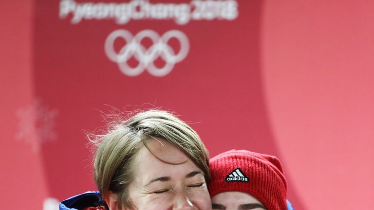 Gold medal winner Lizzy Yarnold of Great Britain and bronze medalist Laura Deas of Great Britain celebrate following the Women&#39;s Skeleton on day eight of the PyeongChang 2018 Winter Olympic Games at Olympic Sliding Centre on February 17, 2018 in Pyeongchang-gun, South Korea. (Photo by Clive Mason/Getty Images)