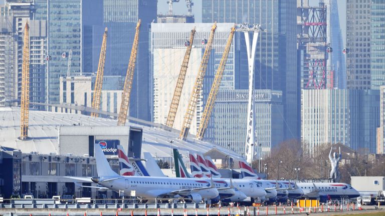 Planes on the apron at London City Airport which has been closed after the discovery of an unexploded Second World War bomb.