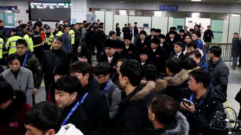 A North Korean delegation of 32 people, including 10 athletes of North Korean Olympic team, arrives at Yangyang international airport in South Korea
