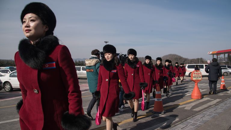 North Korea&#39;s official cheerleaders arrive in South Korea for the winter Olympics