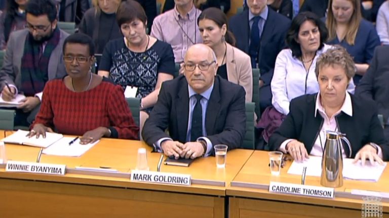 Winnie Byanyima, executive director of Oxfam International, Mark Goldring, CEO of Oxfam GB, and Caroline Thomson, chair of trustees for Oxfam GB give evidence