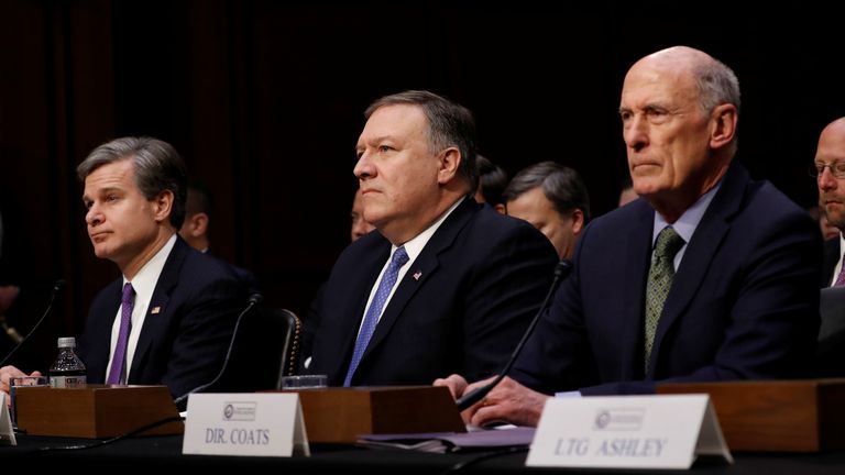 FBI Director Christopher Wray, CIA Director Mike Pompeo, and Director of National Intelligence Dan Coats