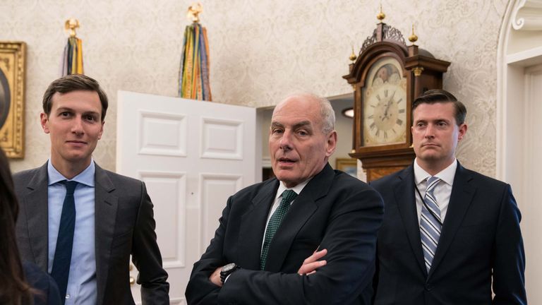 Jared Kushner (L), White House chief of staff John Kelly (C) and White House staff secretary Rob Porter 
