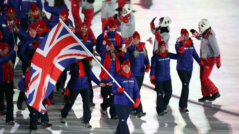 Great Britain&#39;s flag bearer Lizzy Yarnold leads out her team during the Opening Ceremony of the PyeongChang 2018 Winter Olympic Games
