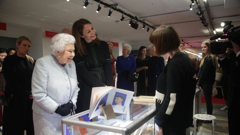 The Queen, next to BFC chief Caroline Rush, joked with a designer displaying her jewellery