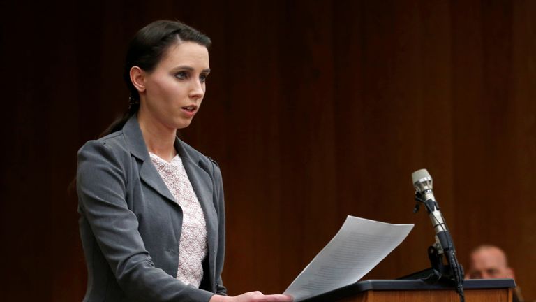 Former gymnast Rachael Denhollander makes a statement during the sentencing hearing of Larry Nassar, a former team USA Gymnastics doctor who pleaded guilty in November 2017 to sexual assault charges, in the Eaton County Court in Charlotte, Michigan, U.S. February 2, 2018