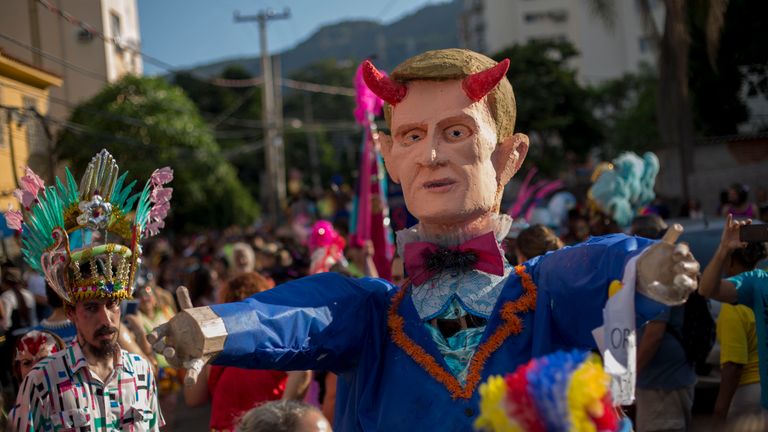 A giant puppet of Rio Mayor Marcelo Crivella is seen during the street carnival parade of the Loucura Suburbana bloco