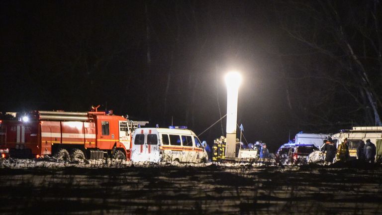 Russian emergency responders work at the site of plane crash in Ramensky district, on the outskirts of Moscow, on February 11, 2018. A Russian passenger plane carrying 71 people crashed near Moscow on February 11, 2018, minutes after taking off, killing everyone on board in one of the country&#39;s worst ever aviation disasters