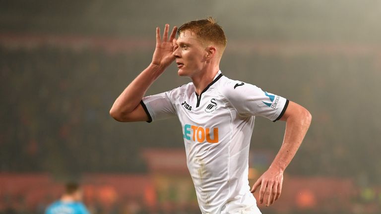 Samuel Clucas of Swansea City celebrates scoring his sides third goal during the Premier League match between Swansea City and Arsenal at Liberty Stadium on January 30, 2018 in Swansea, Wales