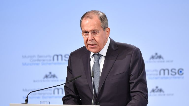 Russian Foreign Minister Sergey Lavrov delivers a speech at the 2018 Munich Security Conference on February 17, 2018 in Munich, Germany. The annual conference, which brings together political and defense leaders from across the globe, is taking place under heightened tensions between the USA, together with its western allies, and Russia