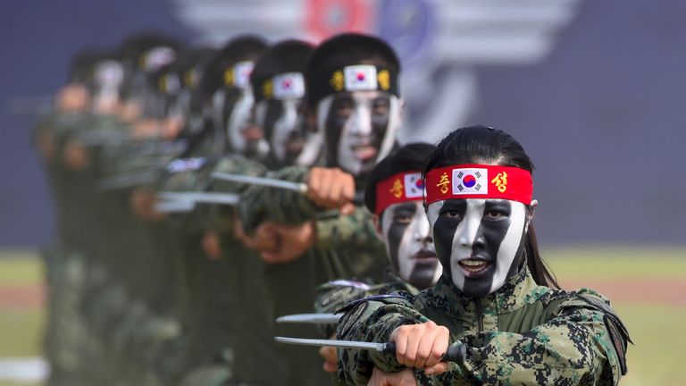 South Korean Special Army soldiers perform martial arts during a ceremony