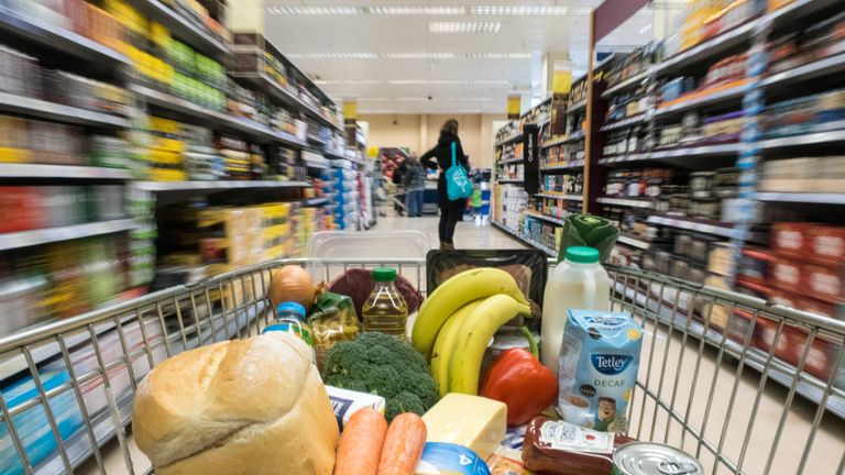 In this photo illustration, a basket of goods is seen in a supermarket on February 6, 2018 in Bristol, England