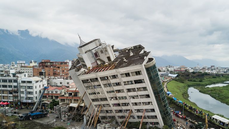 A damaged building after an earthquake struck in Hualien, Taiwan
