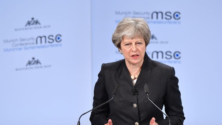 British Prime Minister Theresa May delivers a speech at the 2018 Munich Security Conference on February 17, 2018 in Munich, Germany