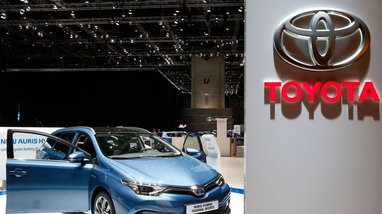 A Toyota Auris Hybrid Touring Sports car is pictured ahead of the 85th International Motor Show in Geneva, March 2, 2015