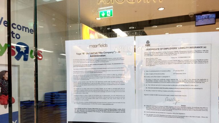 A notice informing customers of the collapse of Toys R Us is stuck on the window of its High Wycombe store