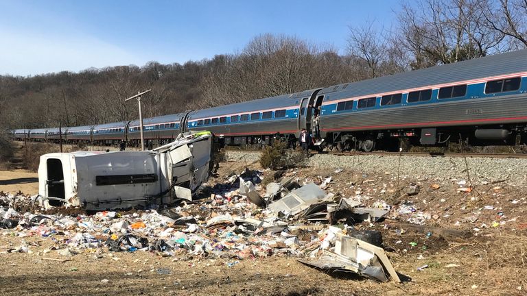 An Amtrak passenger train carrying Republican members of the U.S. Congress from Washington to a retreat in West Virginia is seen after colliding with a garbage truck in Crozet, Virginia