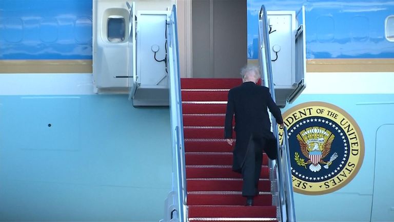 Donald Trump&#39;s bald patch exposed as he boards Air Force One.