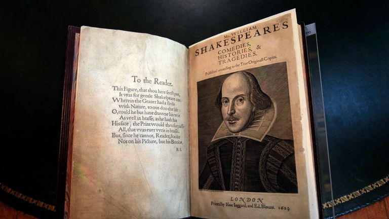 The first folio of William Shakespeare&#39;s collected plays published in 1623 and worth in excess of £3 million on display in the Chief Commoner&#39;s Parlour, Guildhall, City of London