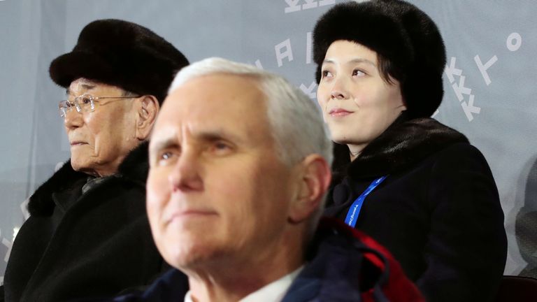 US Vice President Mike Pence did not look pleased to be sitting by Kim Jong Un&#39;s sister Kim Yo Jong at the opening ceremony