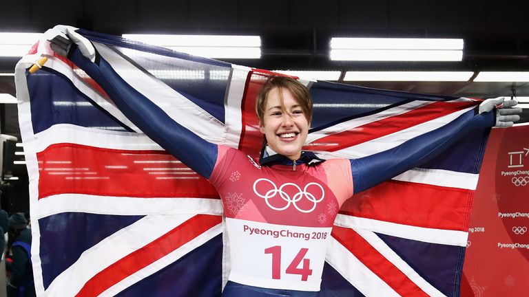 PYEONGCHANG-GUN, SOUTH KOREA - FEBRUARY 17:  Lizzy Yarnold of Great Britain celebrates as she wins gold during the Women's Skeleton on day eight of the Pye