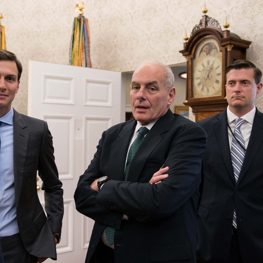 Jared Kushner (L), White House chief of staff John Kelly (C) and White House staff secretary Rob Porter 