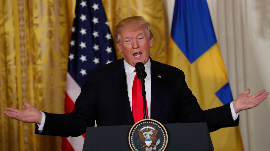 U.S. President Donald Trump addresses a joint news conference with Sweden's Prime Minister Stefan Lofven