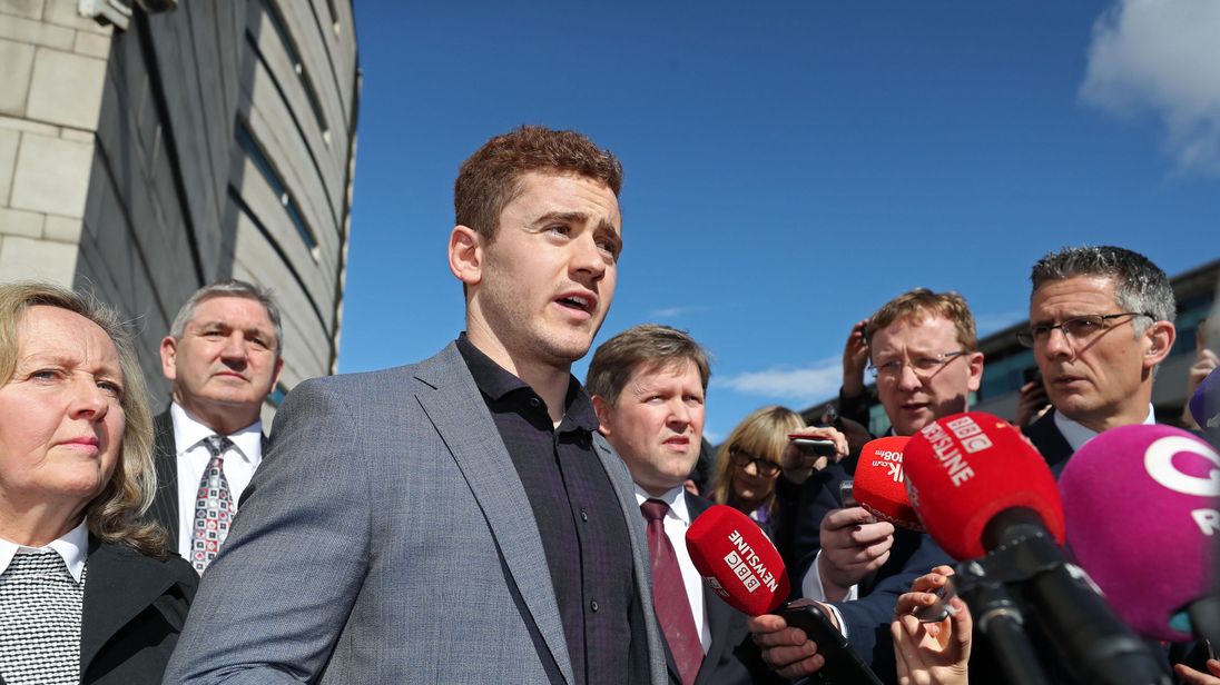 Paddy Jackson speaking outside Belfast Crown Court after being found not guilty