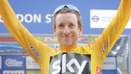Team Sky&#39;s Sir Bradley Wiggins celebrates winning the Gold Jersey following stage eight of the 2013 Tour of Britain in London.