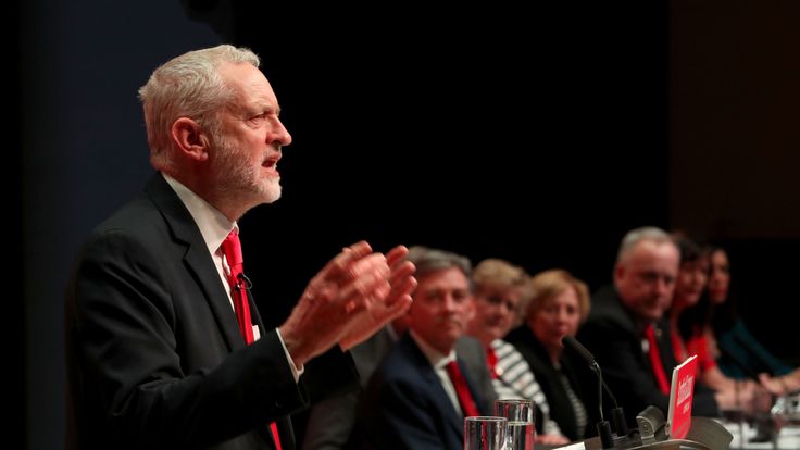 Labour leader Jeremy Corbyn speaking during the Scottish Labour conference in Caird Hall, Dundee