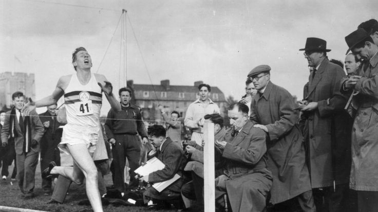 Roger Bannister about to cross the tape at the end of his record breaking mile run at Iffley Road, Oxford, in 1954