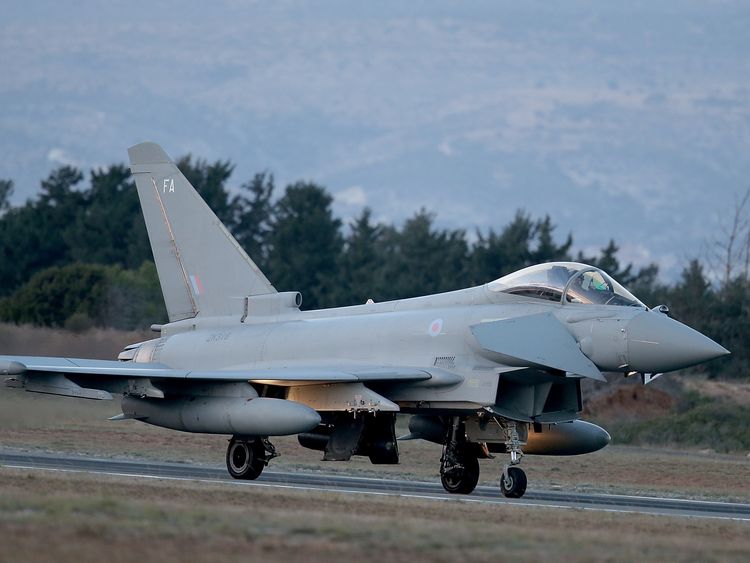 A RAF Typhoon arrives at RAF Akrotiri to begin operations on December 3, 2015 in Akrotiri, Cyprus