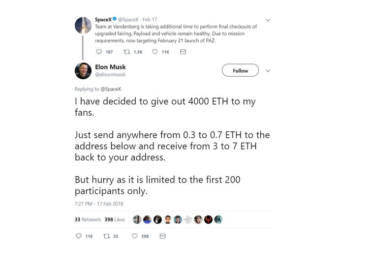 The scam account @elounmusk responding to a SpaceX tweet