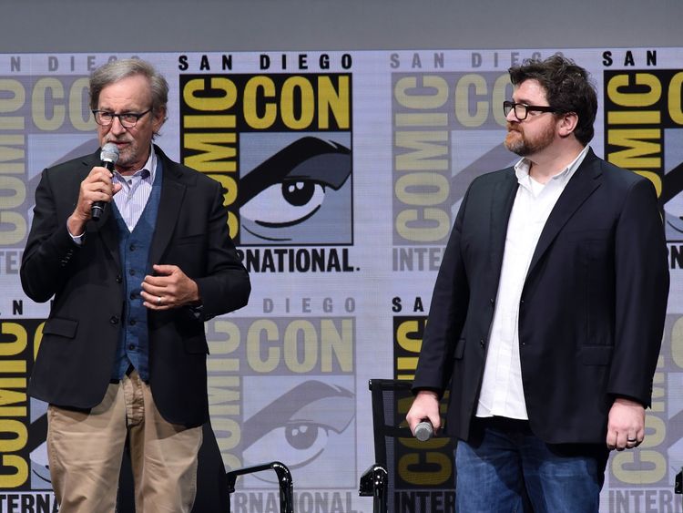 Director Steven Spielberg (L) and writer Ernest Cline attend the Warner Bros. Pictures Presentation during Comic-Con International 2017 at San Diego Convention Center on July 22, 2017 in San Diego, California