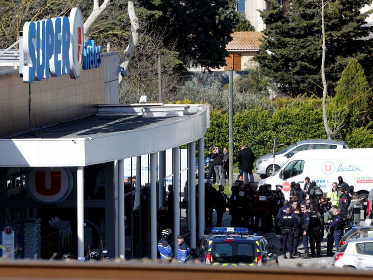 Gendarmes and police officers after the hostage situation in Trebes