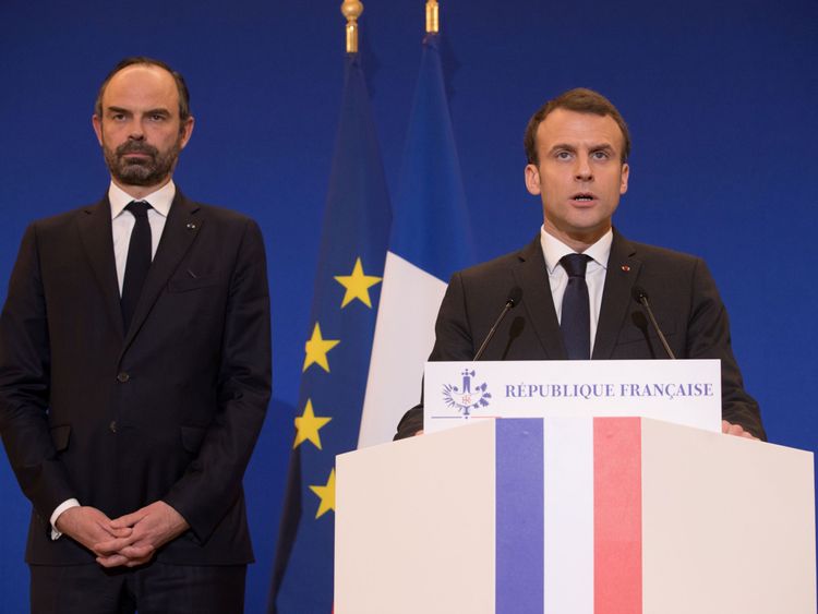 French President Emmanuel Macron and Prime Minister Edouard Philippe speak after the terror attack