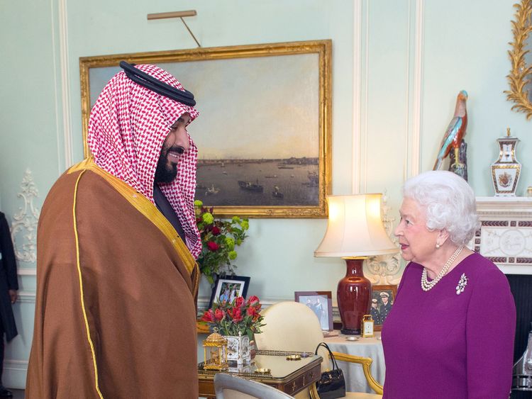 Queen Elizabeth II greets Mohammed bin Salman, the Crown Prince of Saudi Arabia, during a private audience at Buckingham Palace