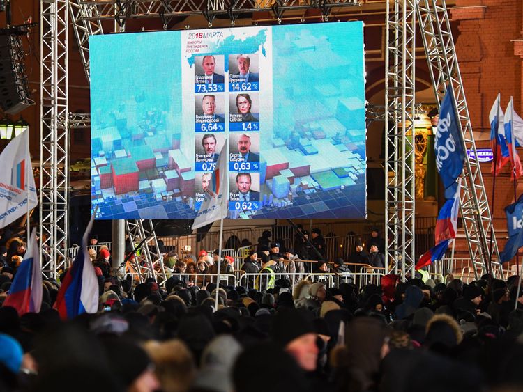 Crowds gather in Moscow as a screen shows preliminary results of the Russian election