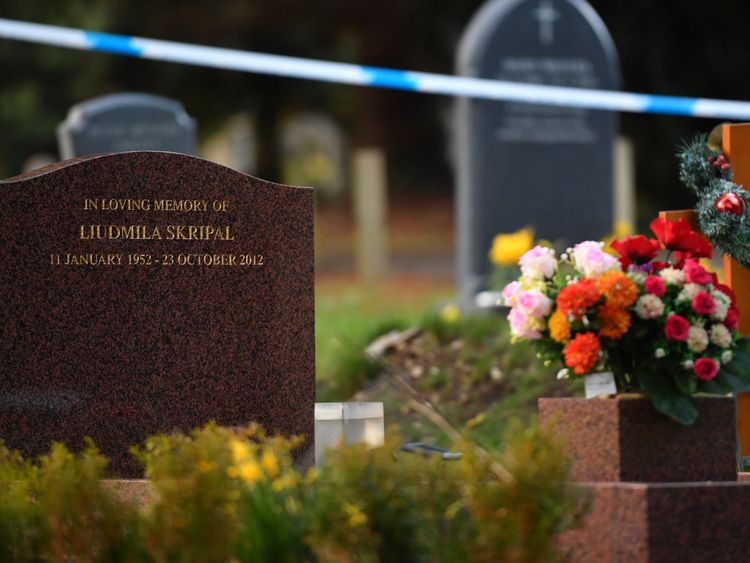 Flowers adorn the grave of Ludmila Skripal, wife of Sergei Skripal at the London road cemetery in Salisbury 