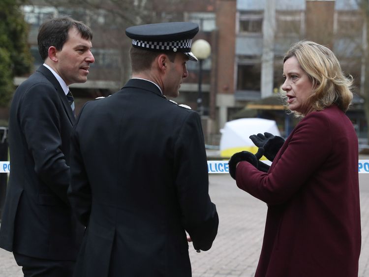 Home Secretary Amber Rudd with Wiltshire Police Assistant Chief Constable Kier Pritchard (centre) and MP for Salisbury and South Wiltshire John Glen