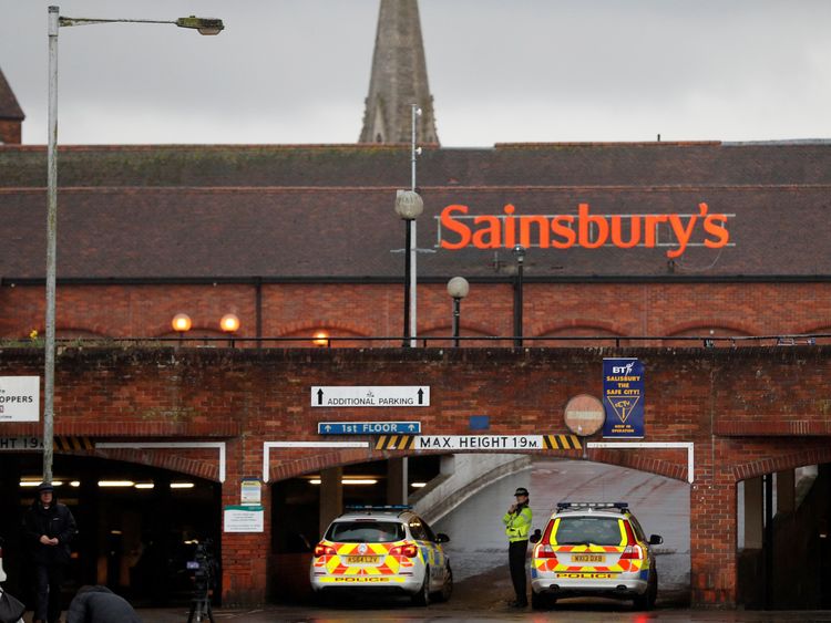 Officers stand at the cordon in Sainsburys, Salisbury