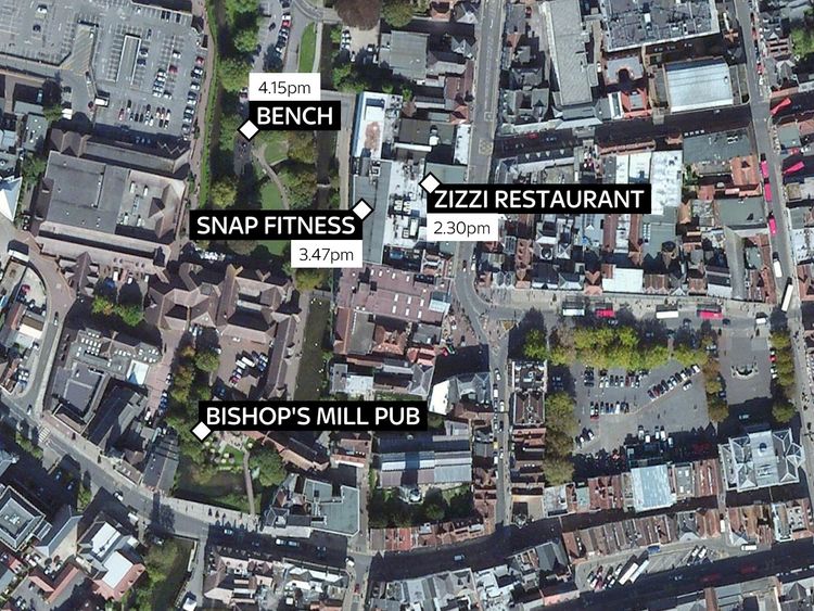 Sites across Salisbury where ex-Russian spy Sergei Skripal and his daughter Yulia were seen on Sunday afternoon