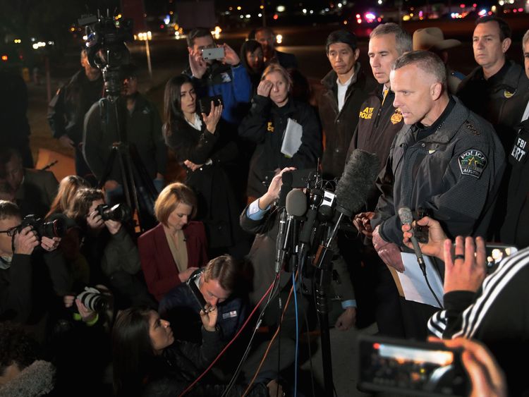 Austin Police chief Brian Manley address the media in Round Rock