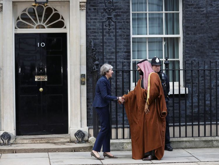 Theresa May greets the Crown Prince of Saudi Arabia Mohammad bin Salman outside 10 Downing Street
