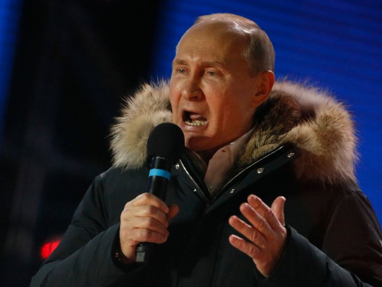 Vladimir Putin Vladimir Putin delivers a speech during a rally and concert marking the fourth anniversary of Russia's annexation of the Crimea region