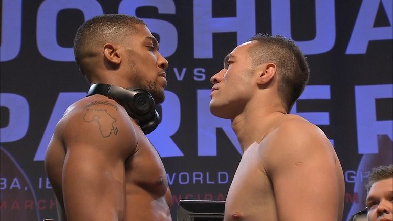Anthony Joshua and Joseph Parker face off at the weigh-in before their world title unification fight