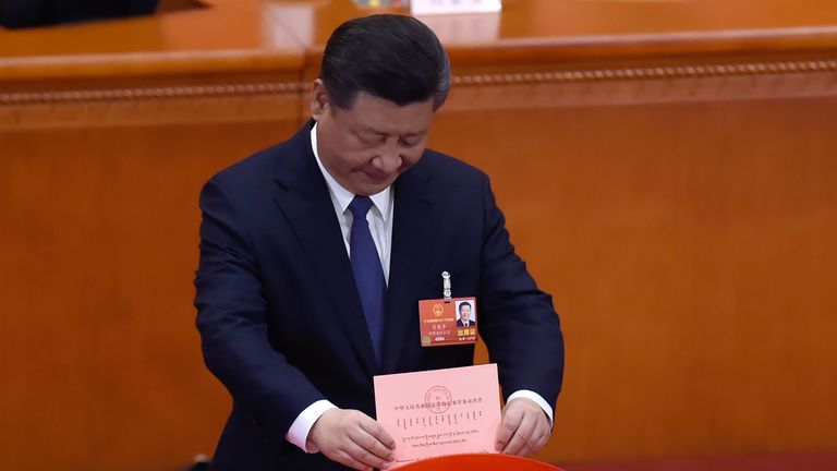 Chinese President Xi Jinping votes during the third plenary session of the first session of the 13th National People&#39;s Congress